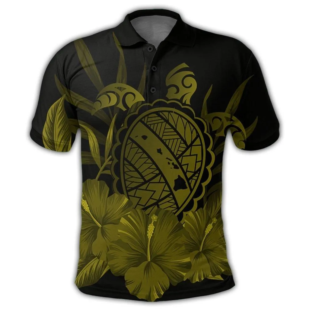 Hawaiian Map Turtle Hibiscus Polynesian Polo Shirt - Yellow - AH