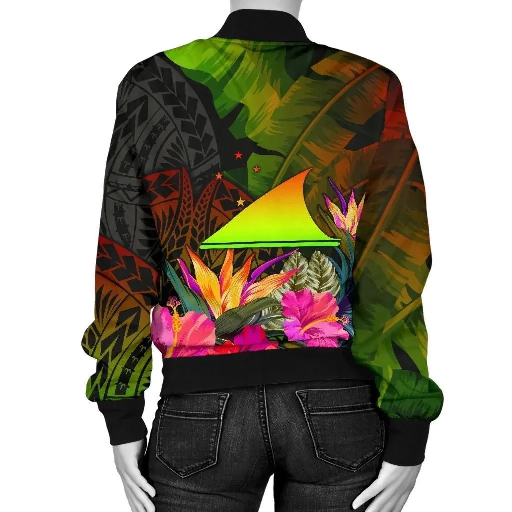 Tokelau Polynesian Women's Bomber Jacket - Hibiscus and Banana Leaves - BN15