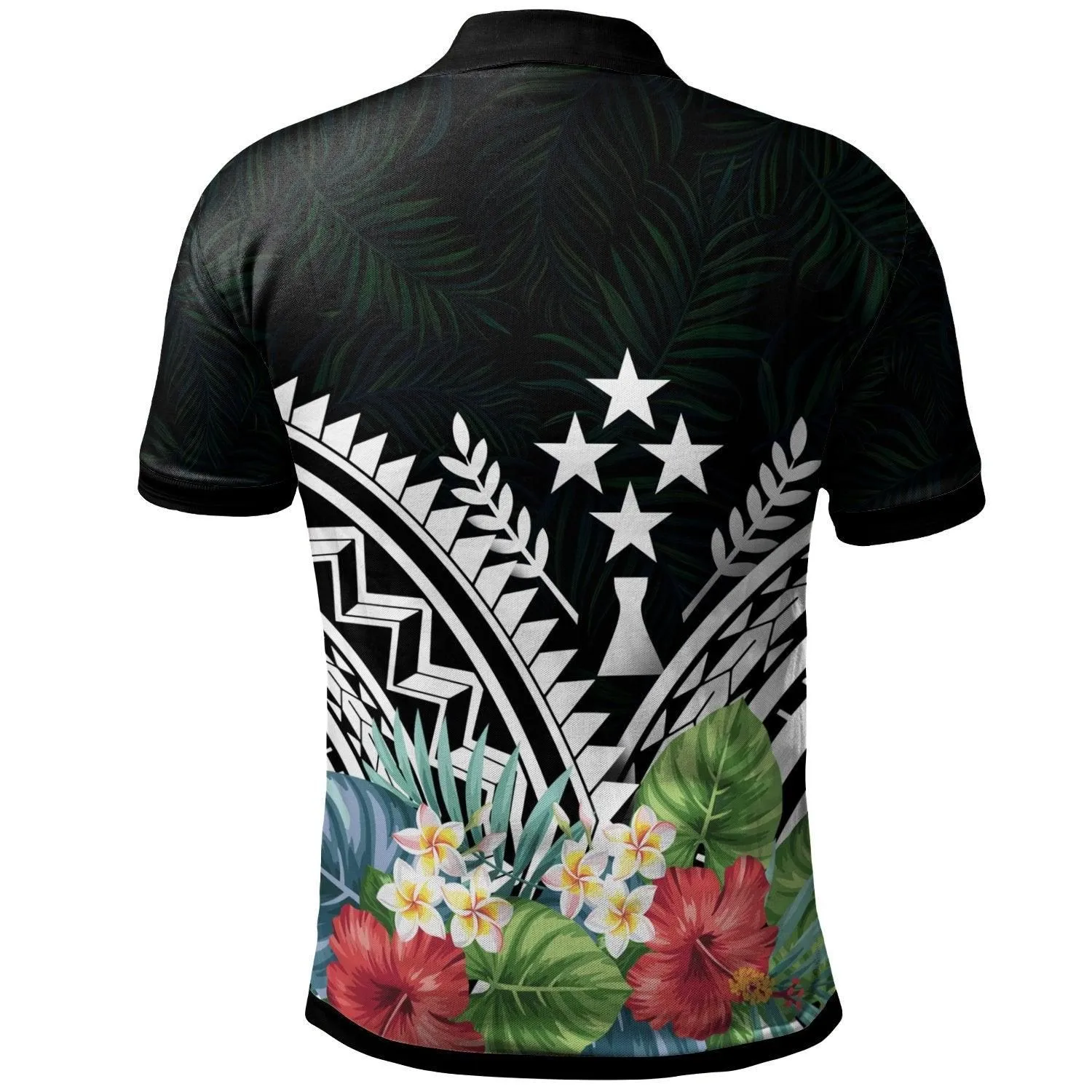 Kosrae Polo Shirt - Kosrae Coat of Arms & Polynesian Tropical Flowers White
