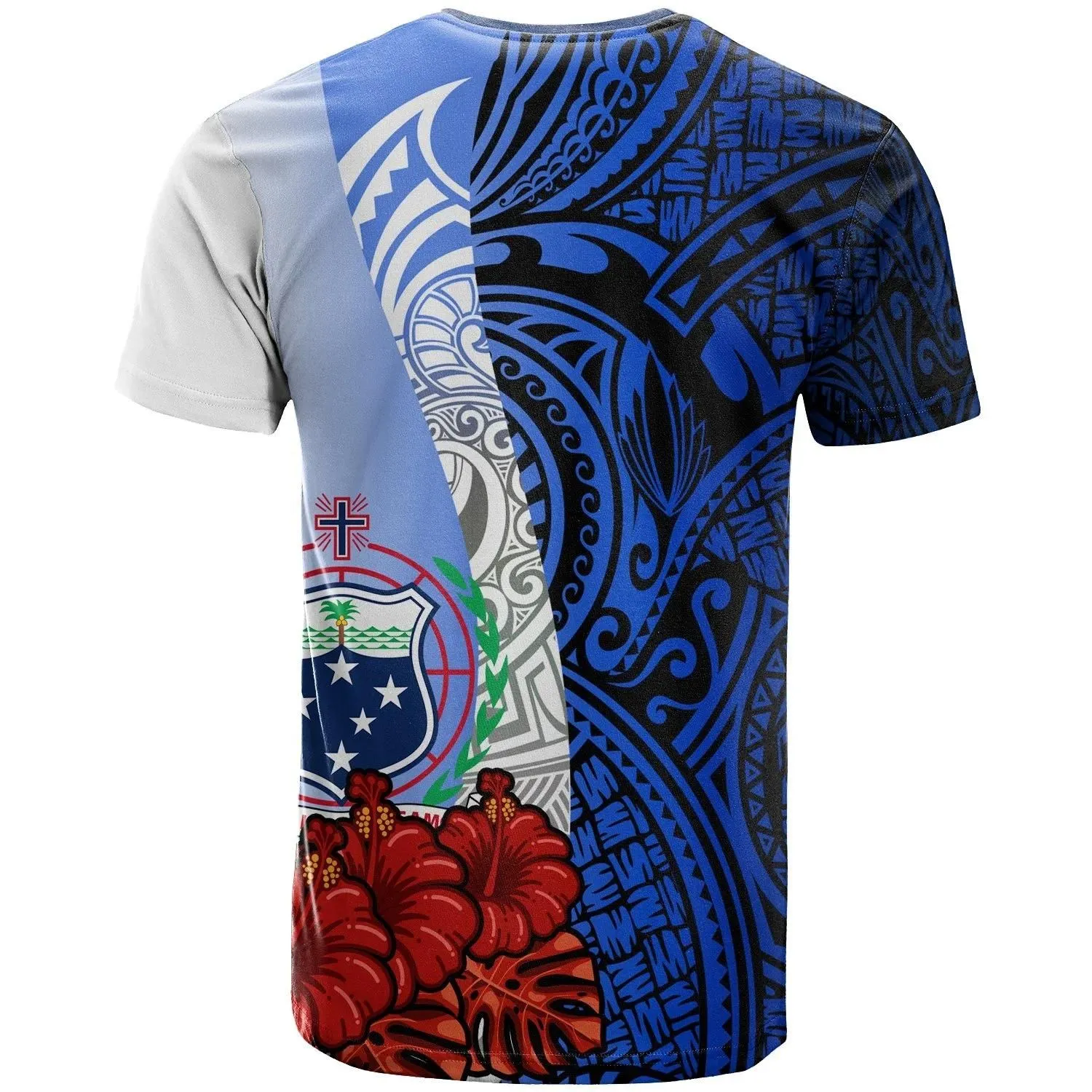 Samoa Polynesian Custom Personalised T-shirt - Coat Of Arm With Hibiscus Blue - BN12