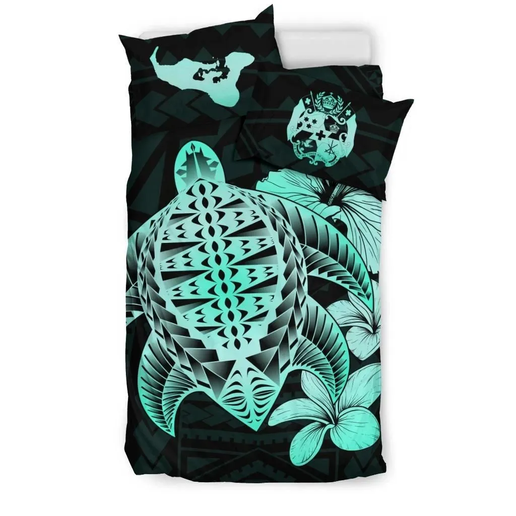 Alohawaii Bedding Set - Cover and Pillow Cases Tongan Hibiscus Plumeria Mix Polynesian Turtle Turquoise J1