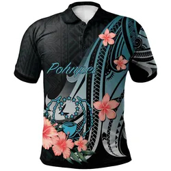 Pohnpei Polo Shirt - Turquoise Polynesian Hibiscus Pattern Style