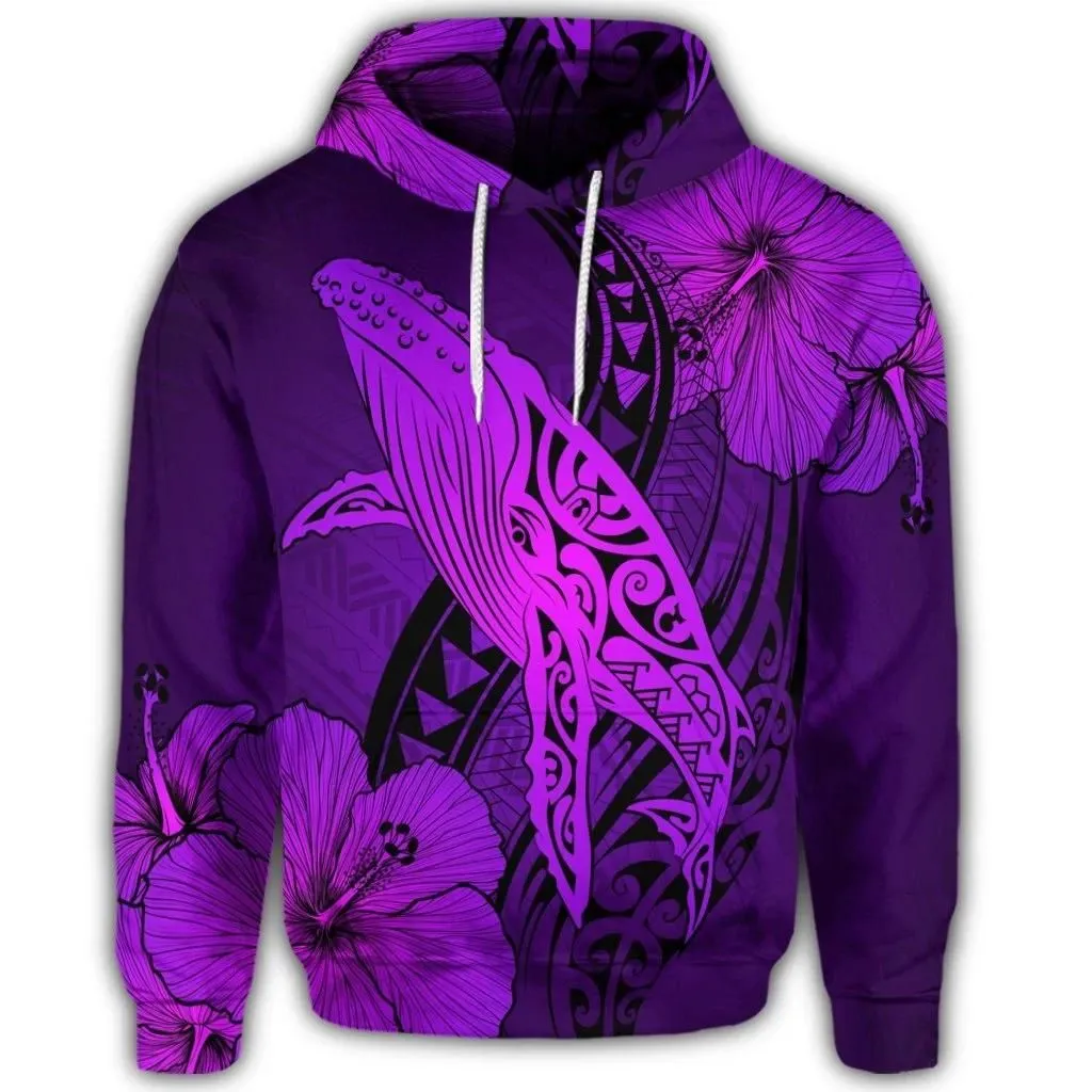 Alohawaii Hoodie - Hawaiian Map Whale Swim Hibiscus Polynesian Hoodie - Purple - AH - J6R