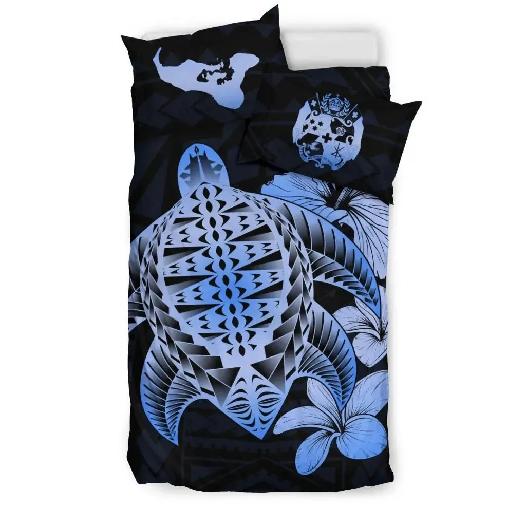 FamilyGater Bedding Set - Cover and Pillow Cases Tongan Hibiscus Plumeria Mix Polynesian Turtle Blue J1