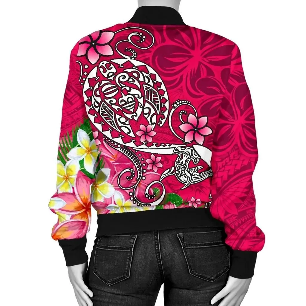 Polynesian Women's Bomber Jacket - Turtle Plumeria Pink Color - BN18