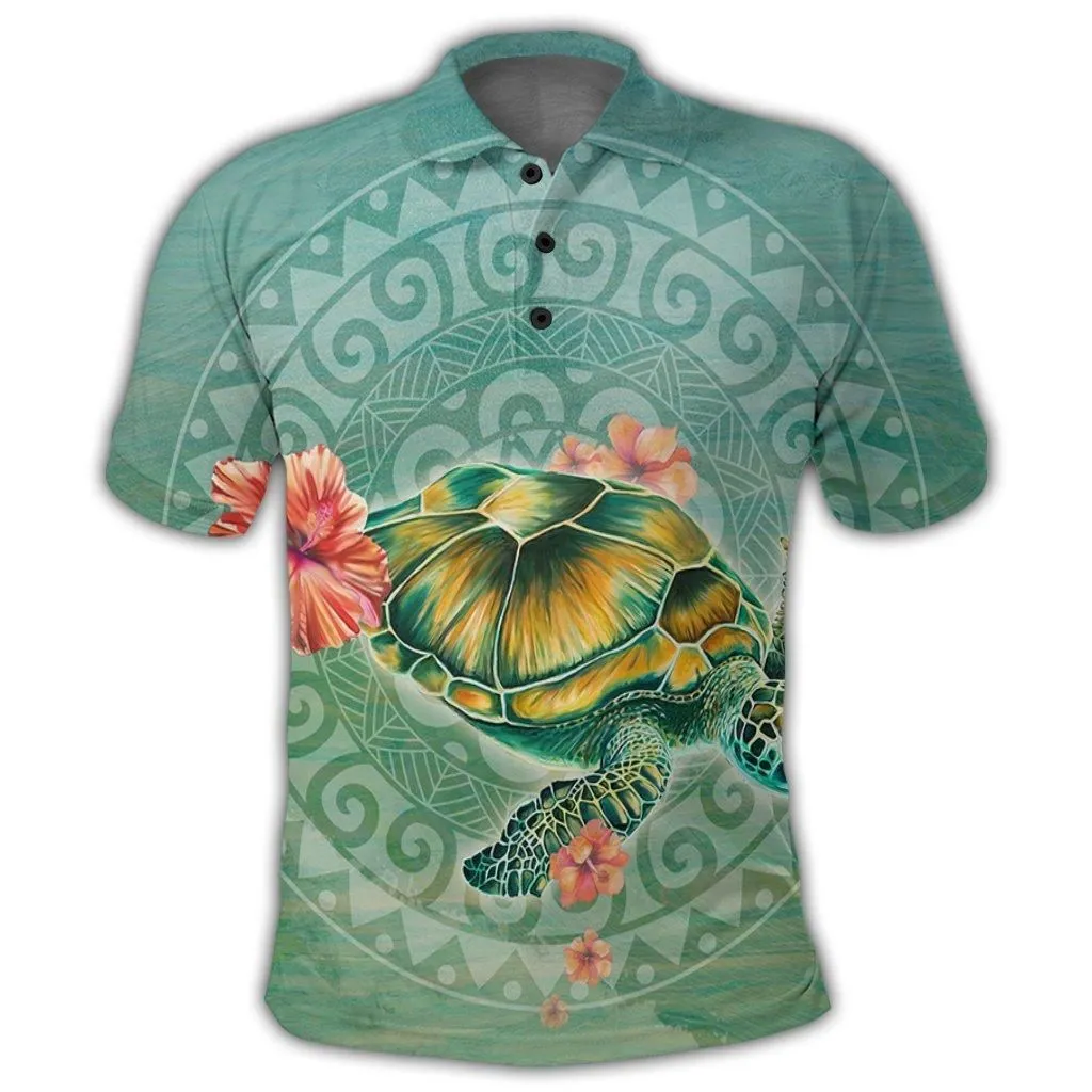 Hawaiian Turtle And Hibiscus Polynesian Polo Shirt - AH