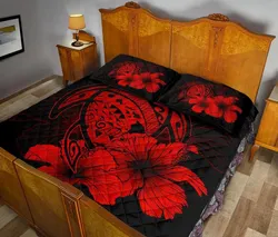 FamilyGater Home Set - Hawaiian Map Turtle Hibiscus Polynesian Quilt Bedding Set - Red - AH J9