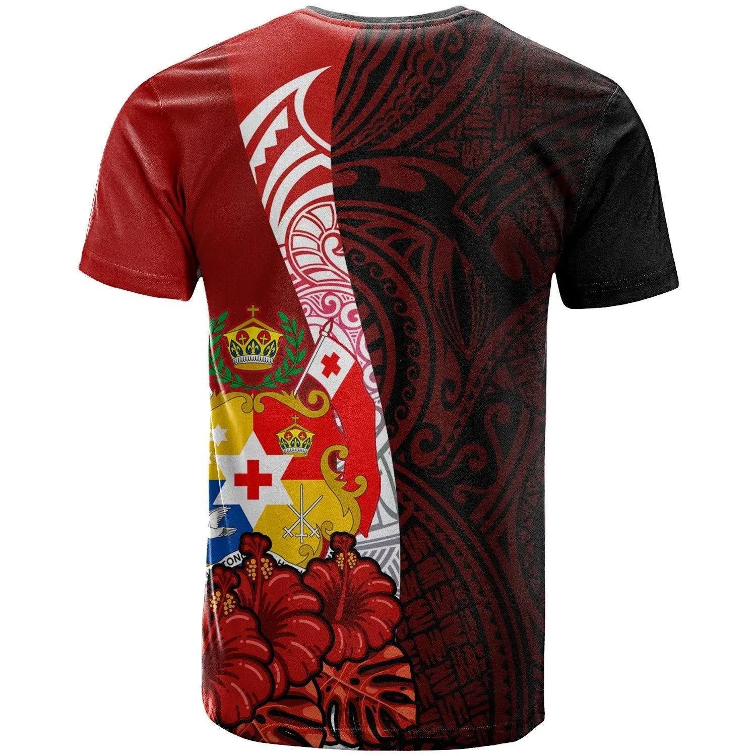 Tonga Polynesian Custom Personalised T-Shirt - Coat Of Arm With Hibiscus