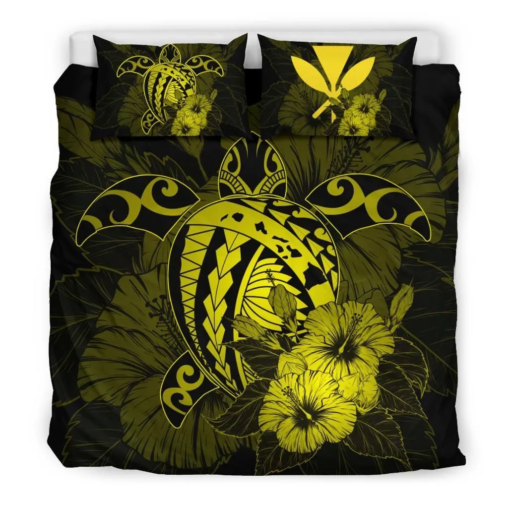 Hawaiian Map Hibiscus Kanaka Polynesian Bedding Set - Harold Turtle - Yellow