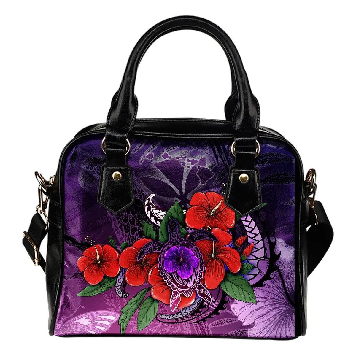 Polynesian Hawaii Shoulder Handbag - Purple Hibiscus Turtle Flowing