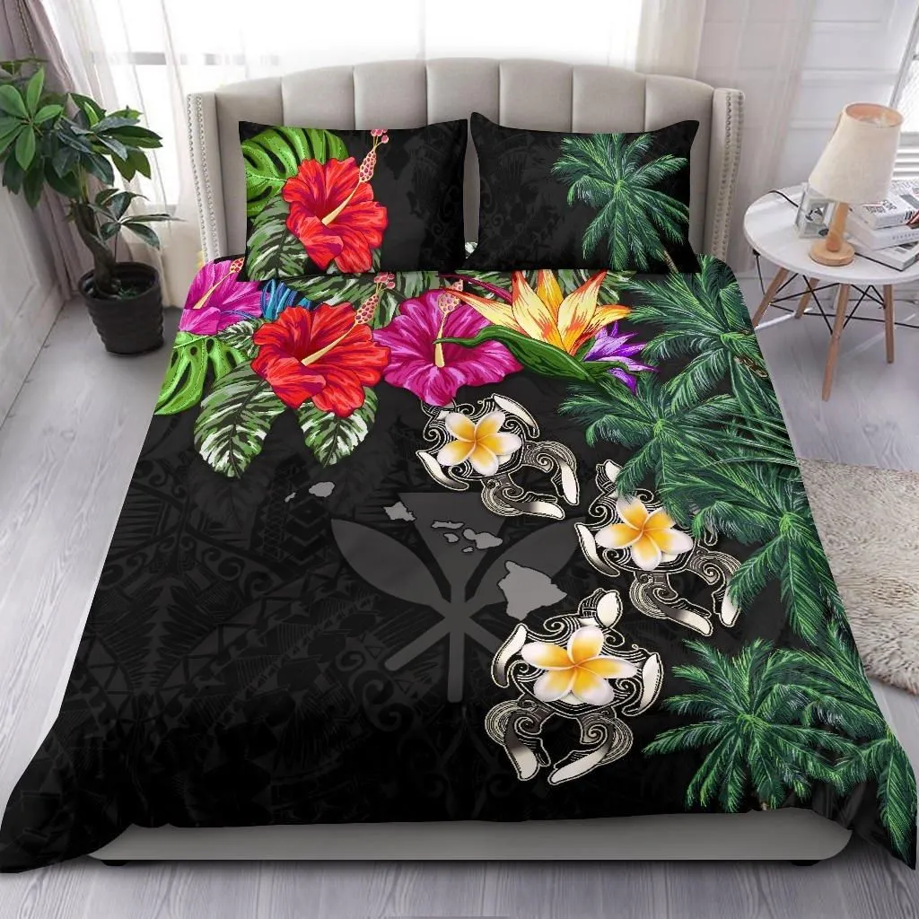 Alohawaii Bedding Set - Cover and Pillow Cases Kanaka Maoli (Hawaiian) - Hibiscus Turtle Tattoo Black A02