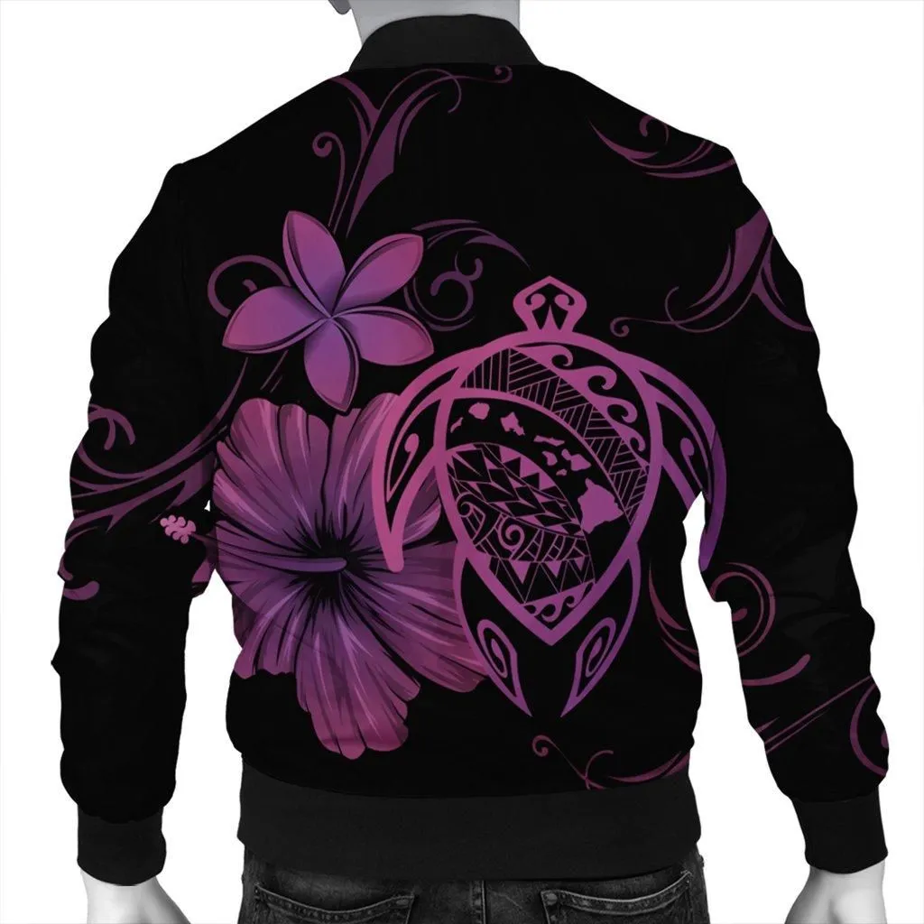 Hawaiian Map Turtle Hibiscus Plumeria Polynesian Bomber Jacket - Pink - AH