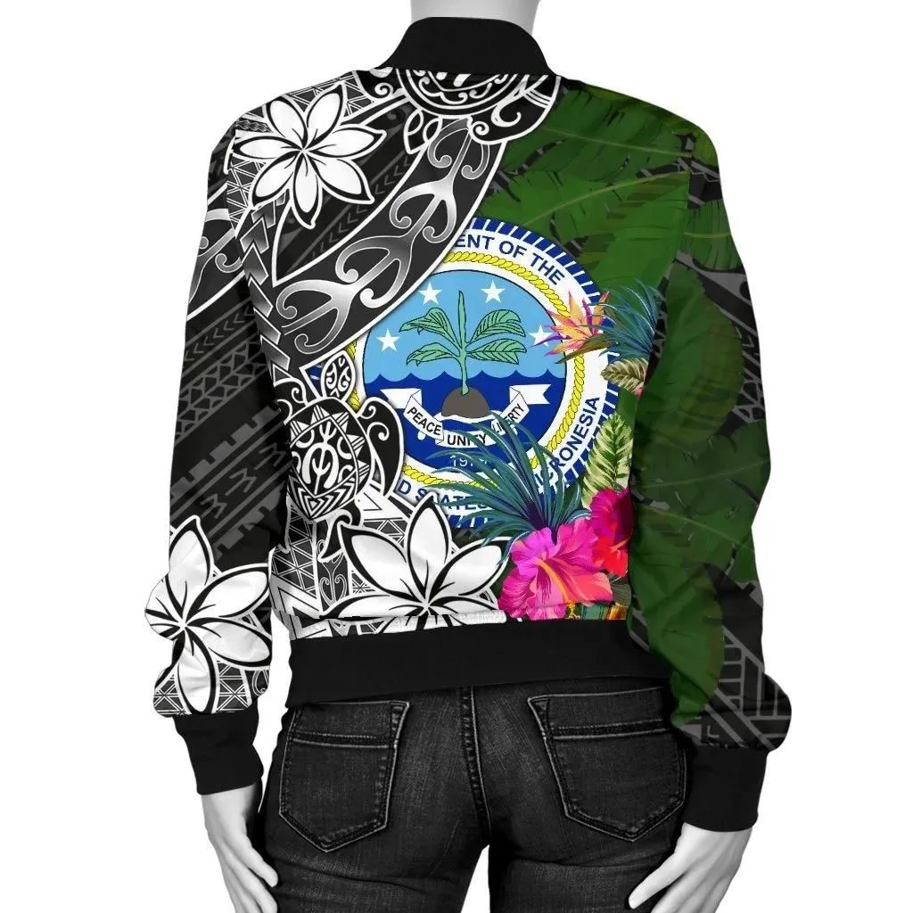 Federated States of Micronesia Women Bomber Jacket - Turtle Plumeria Banana Leaf - BN11