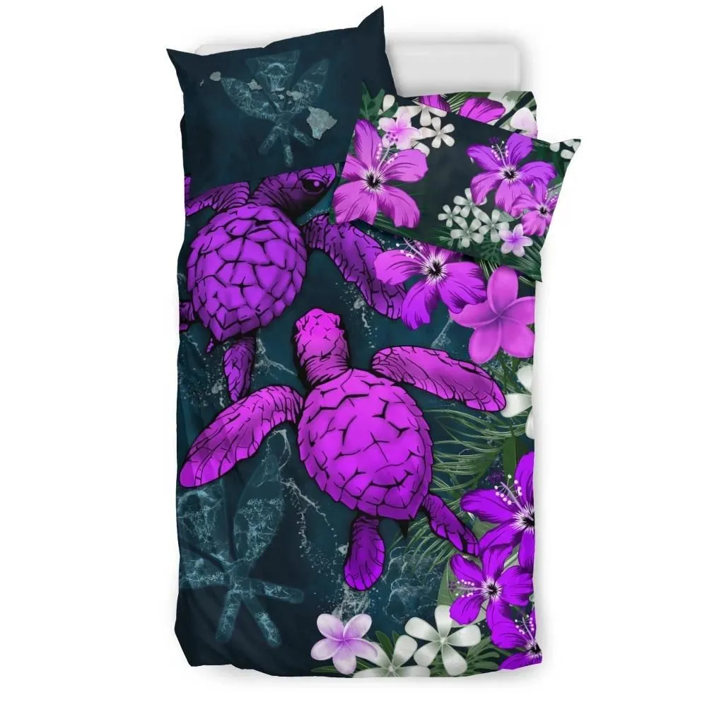 FamilyGater Bedding Set - Cover and Pillow Cases Kanaka Maoli (Hawaiian) - Sea Turtle Tropical Hibiscus And Plumeria Purple A24