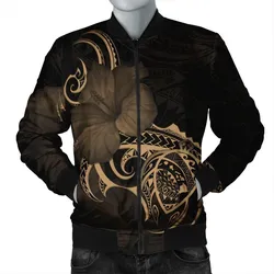 Hawaii Map Turtle Hibiscus Divise Polynesian Bomber Jacket Gold - AH