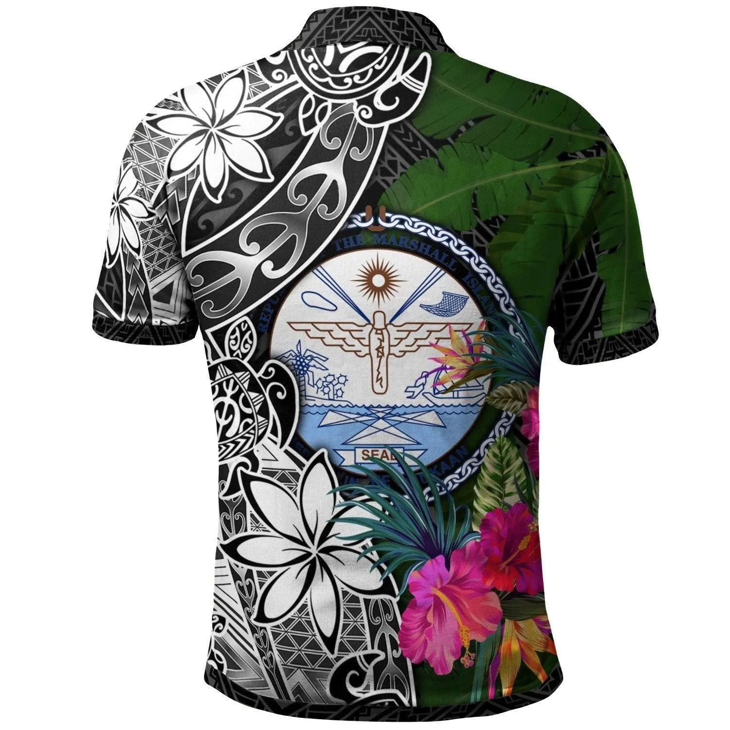 Marshall Islands Polo Shirt - Turtle Plumeria Banana Leaf Crest