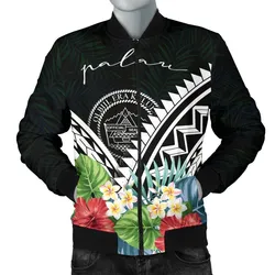 Palau Mens Bomber Jacket - Palau Caledonia Coat of Arms & Polynesian Tropical Flowers White
