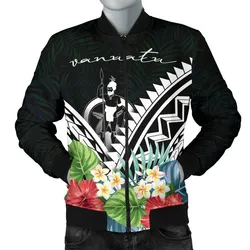 Vanuatu Mens Bomber Jacket - Vanuatu Caledonia Coat of Arms and Polynesian Tropical Flowers White