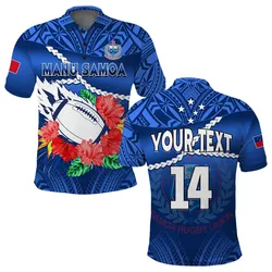 (Custom Text And Number) Samoa Rugby Polo Shirt Manu Samoa Polynesian Hibiscus Blue Style LT14