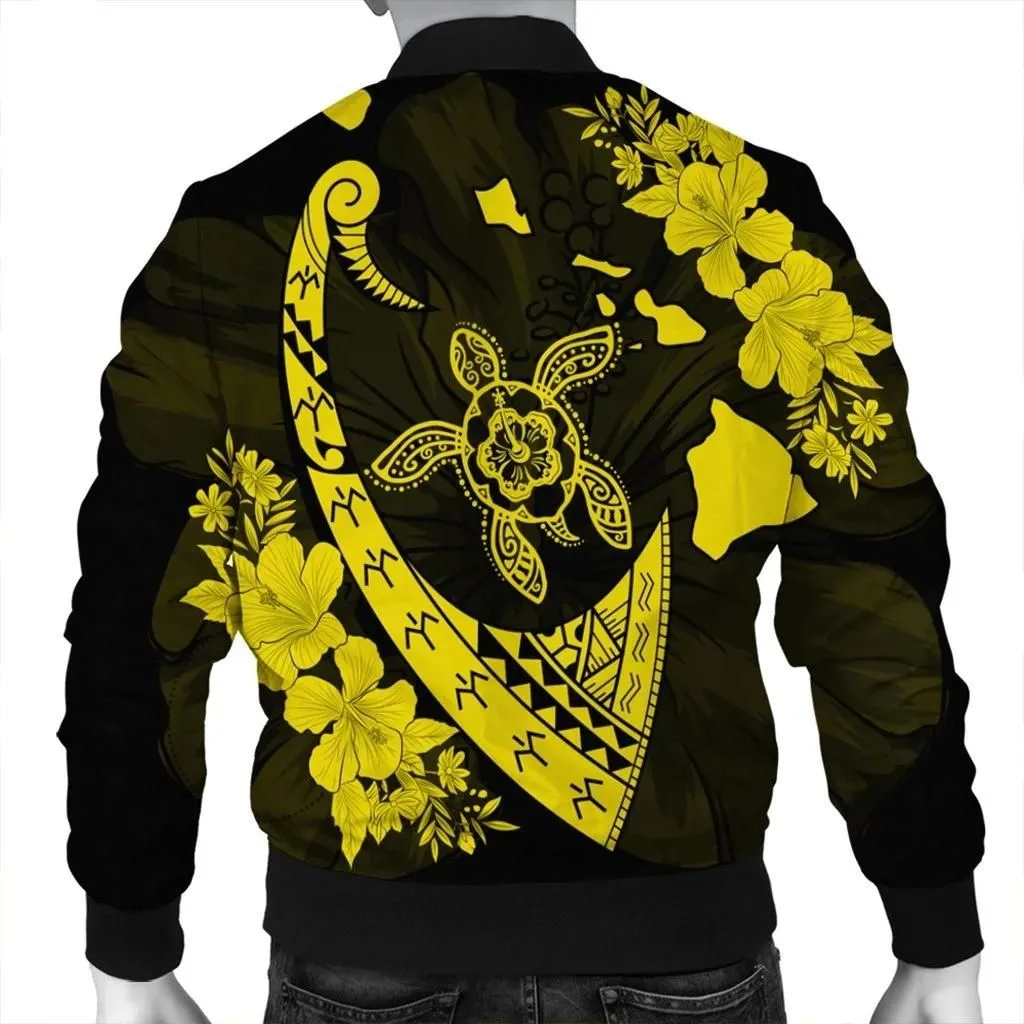 FamilyGater Jacket - Hawaiian Map Hibiscus Turtle Fish Hook Polynesian Bomber Jacket Yellow - AH - J5R