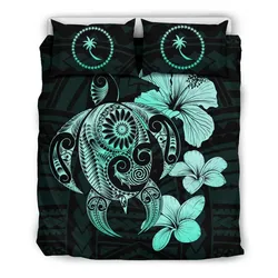 Chuuk Islands Hibiscus Plumeria Mix Polynesian Turquoise Turtle Bedding Set - J1
