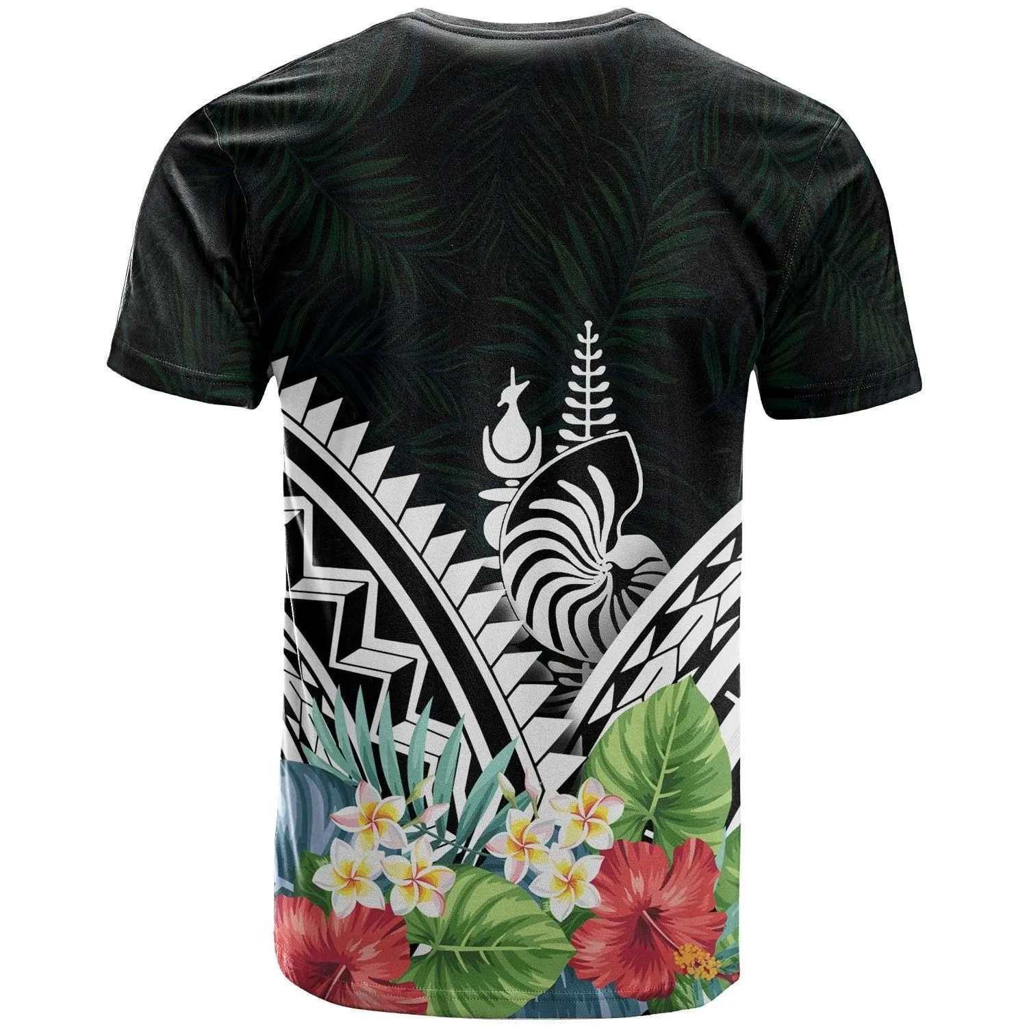 New Caleronia Polynesian T-Shirts - New Caleronia Coat of Arms & Polynesian Tropical Flowers White