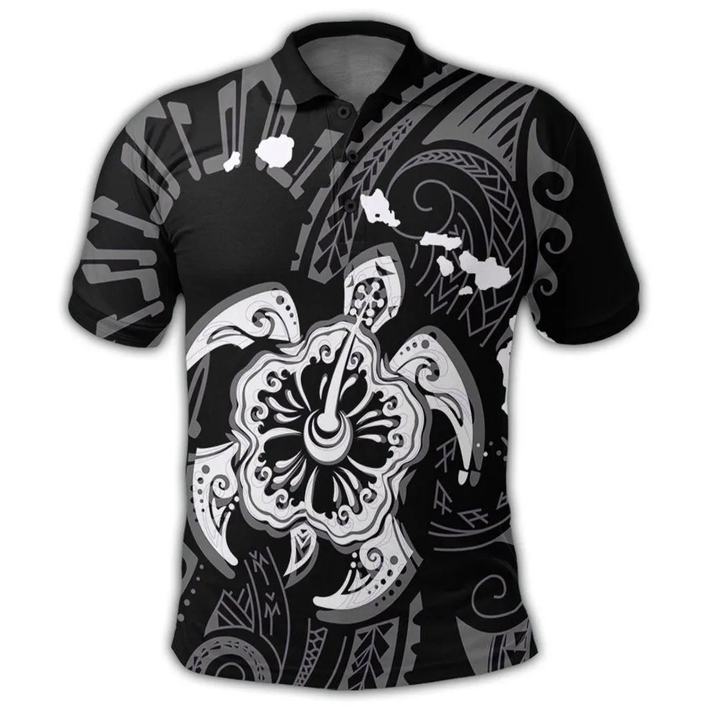 Hawaiian Map Kanaka Hibiscus Turtle White Polynesian Polo Shirt