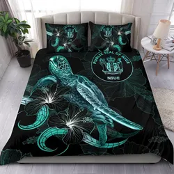 Niue Polynesian Bedding Set - Turtle With Blooming Hibiscus Turquoise