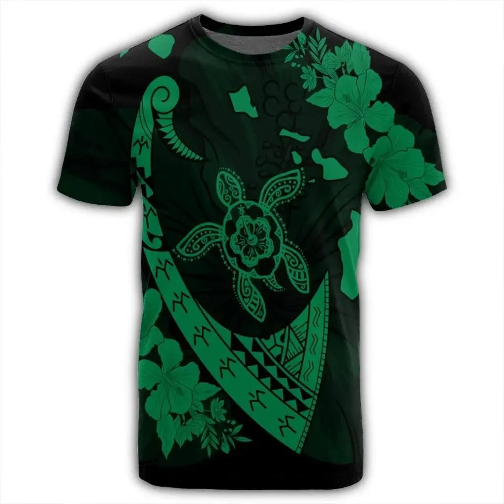 Alohawaii Tee - Hawaiian Map Hibiscus Turtle Fish Hook Polynesian T-Shirt Green - AH - J5R