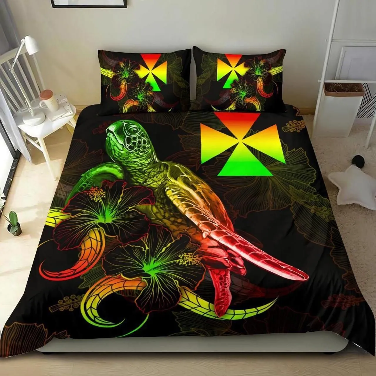 Wallis And Futuna Polynesian Bedding Set - Turtle With Blooming Hibiscus Reggae