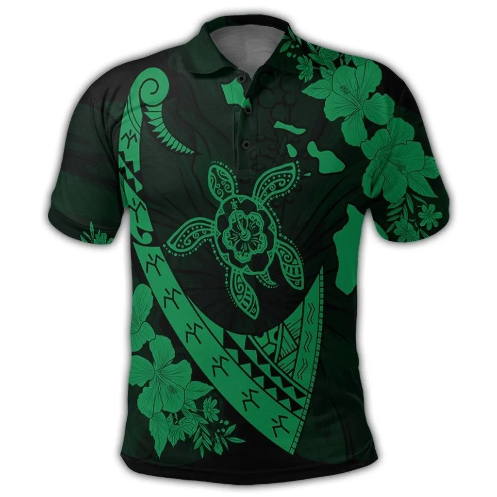 Hawaiian Map Hibiscus Turtle Fish Hook Polynesian Polo Shirt Green - AH