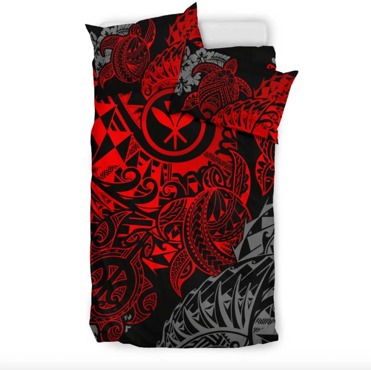 Polynesian Hawaii (Kanaka Maoli) Bedding Set - Red Hibiscus Turtle Flowing