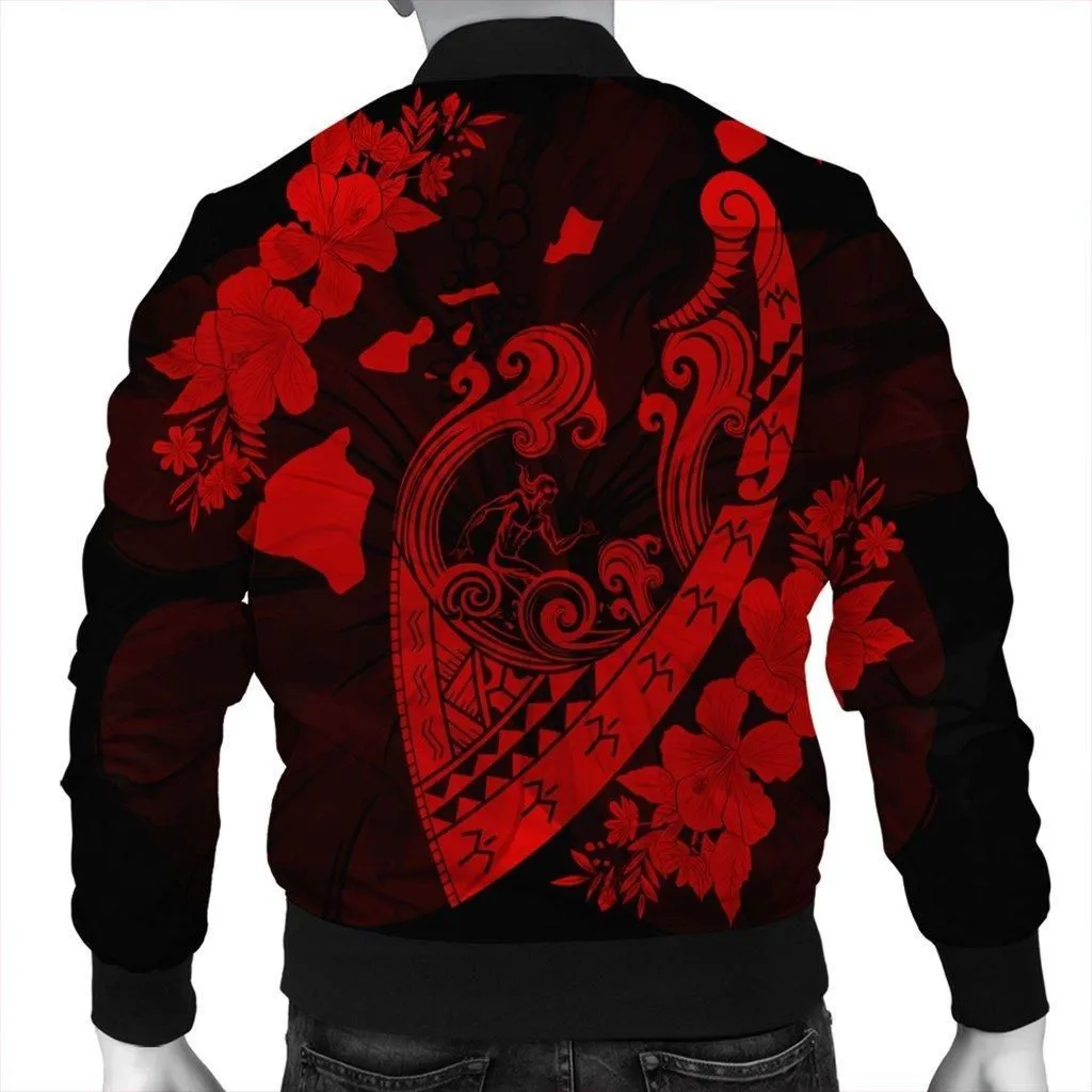 Hawaiian Fish Hook Hibiscus Banzai Surfing Polynesian Bomber Jacket Red