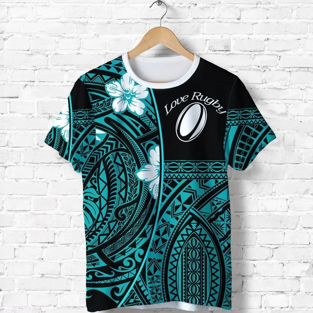 (Custom Personalised) Polynesian Rugby T Shirt Love Turquoise - Custom Text And Number