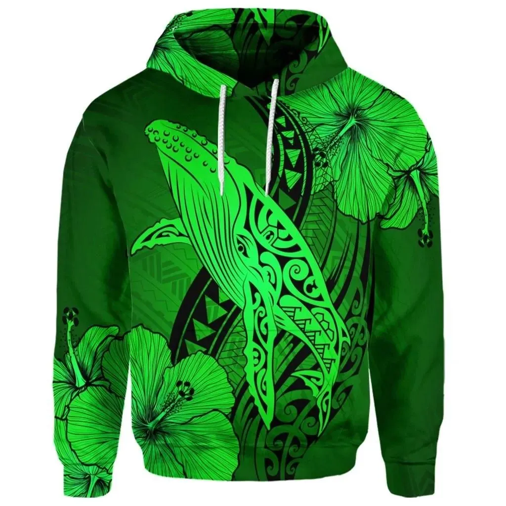 Alohawaii Hoodie - (Personalised) Hawaiian Map Whale Swim Hibiscus Polynesian Hoodie - Green - AH - J6R