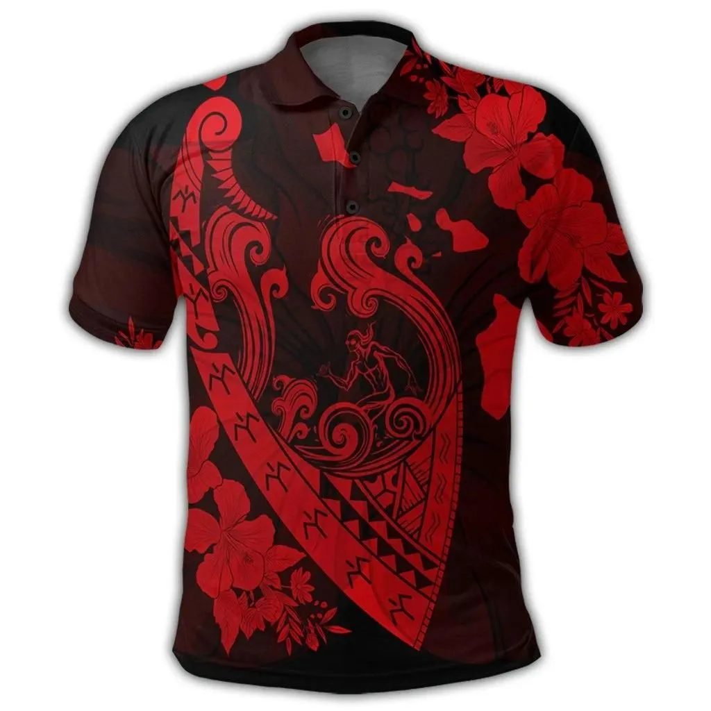 Alohawaii Shirt - Hawaiian Fish Hook Hibiscus Banzai Surfing Polynesian Polo Shirt Red - AH - J5R