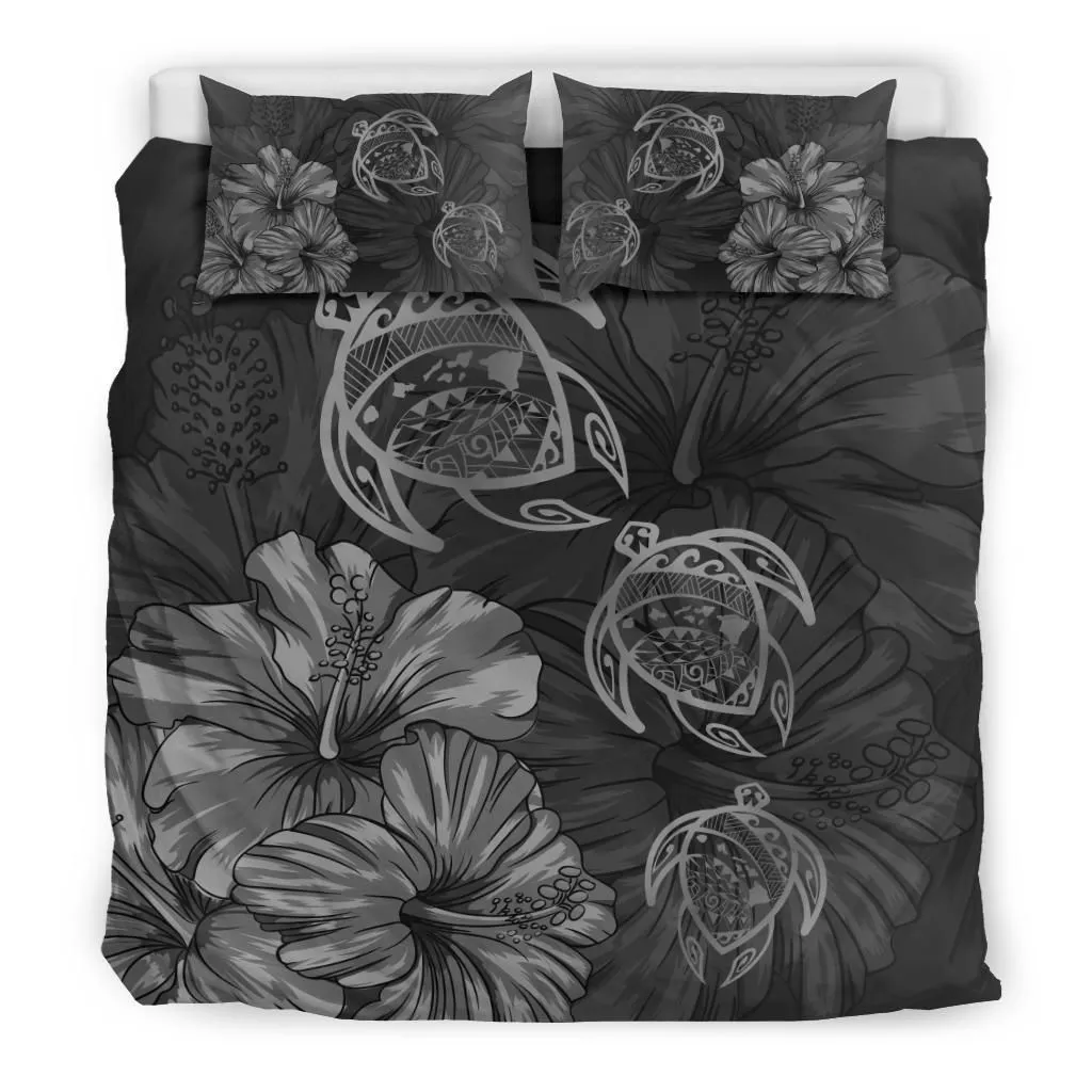 Hawaiian Map Turtle Hibiscus  Vintage Polynesian Bedding Set Gray