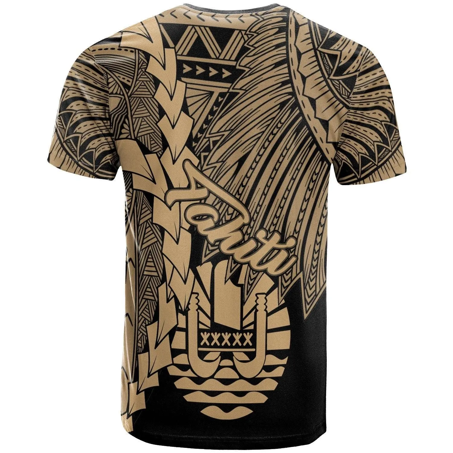 Tahiti Polynesian T-Shirt - Tribal Wave Tattoo Gold