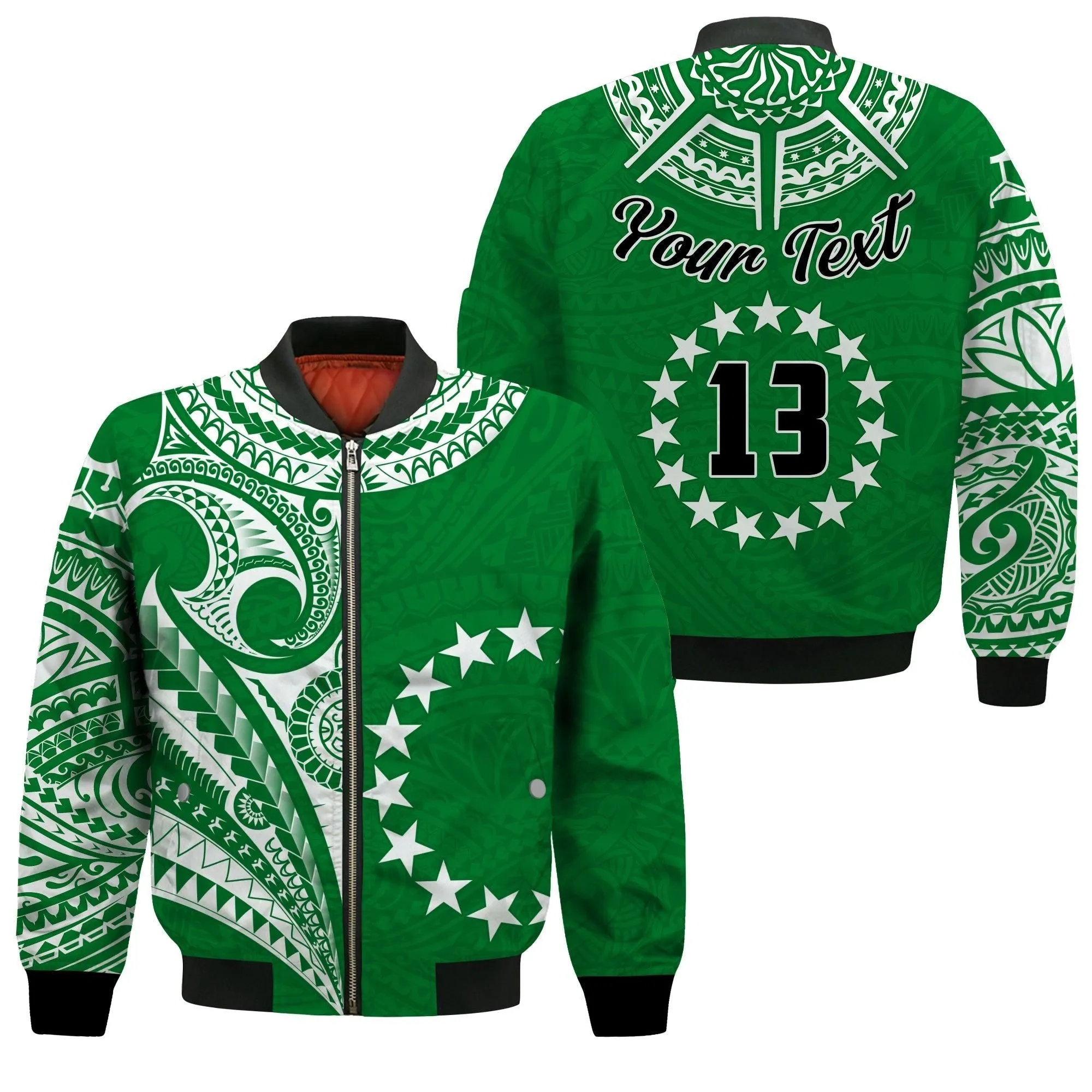 (Custom Text and Number) Cook Islands Tatau Bomber Jacket Symbolize Passion Stars Version Green LT13