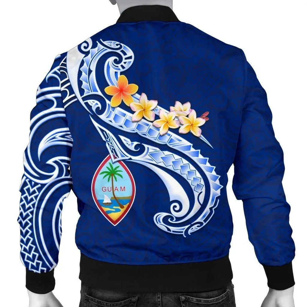 Guam Mens Bomber Jacket - Guam Seal Polynesian Patterns Plumeria (Blue)