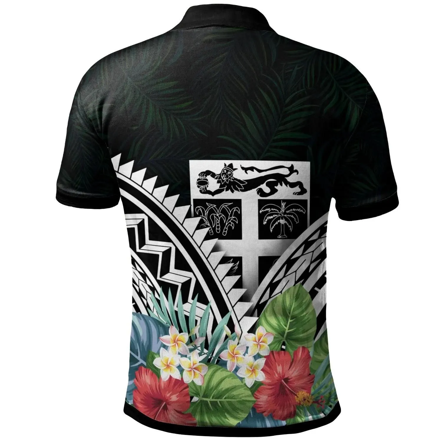 FIji Polo Shirt - FIji Coat of Arms & Polynesian Tropical Flowers White - BN22