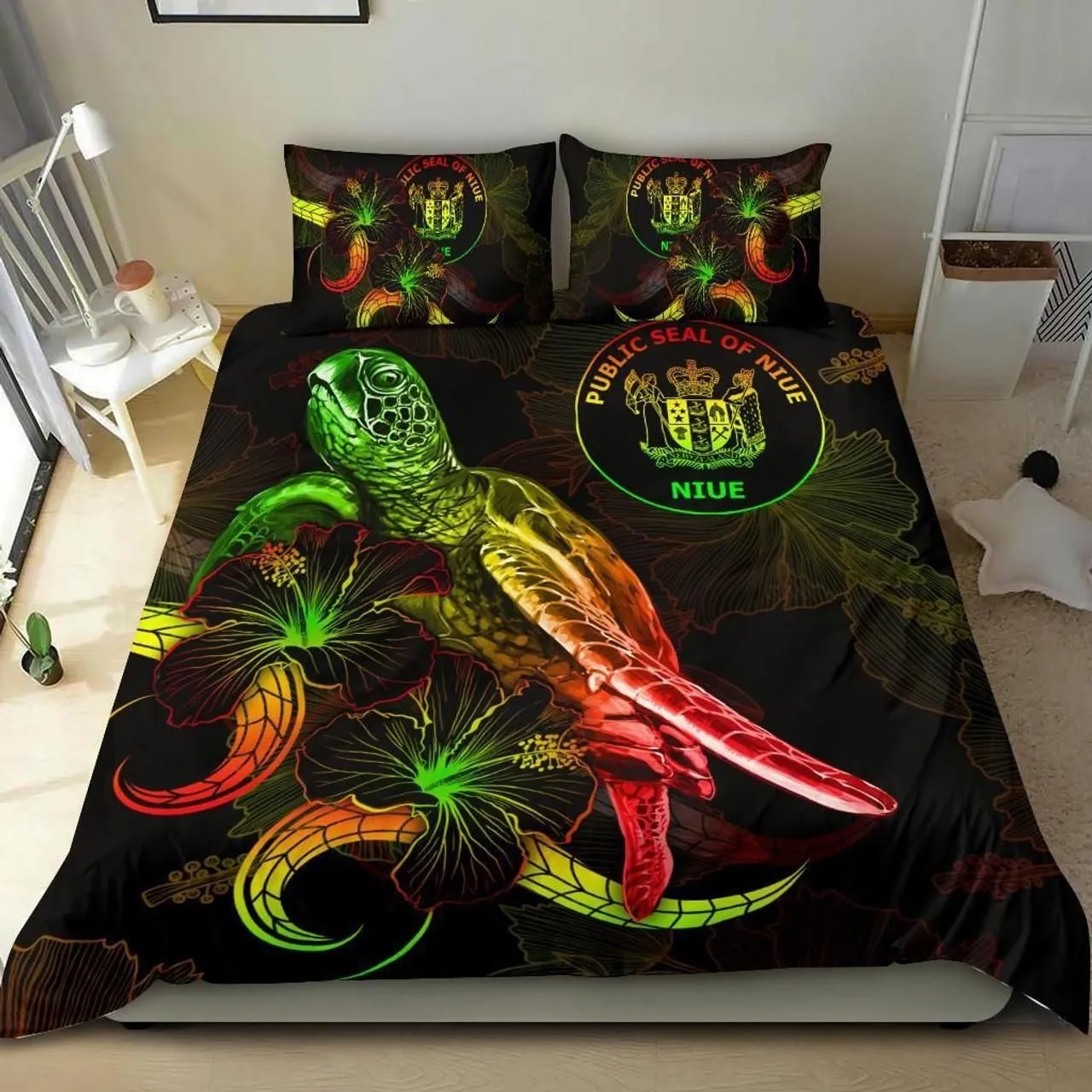 Niue Polynesian Bedding Set - Turtle With Blooming Hibiscus Reggae