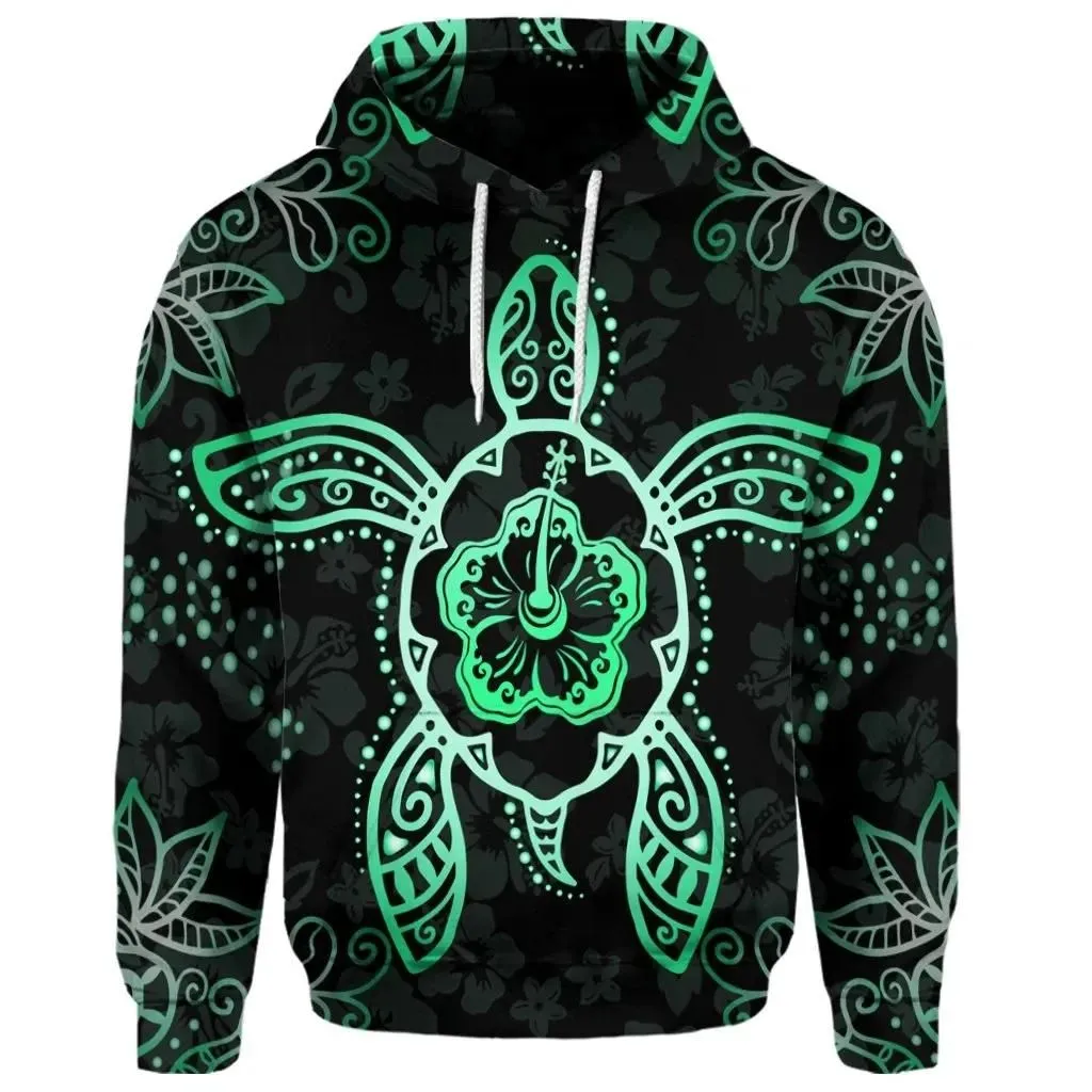 Alohawaii Hoodie - (Personalised) Hawaiian Turtle And Hibiscus Polynesian Hoodie Green - AH - JR