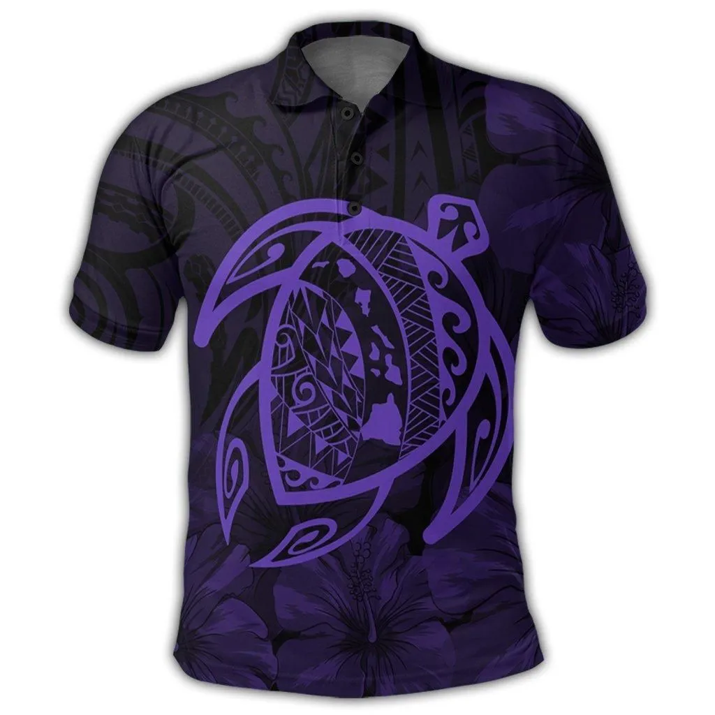 Hawaiian Map Turtle Kanaka Hibiscus Polynesian Polo Shirt - Purple - AH
