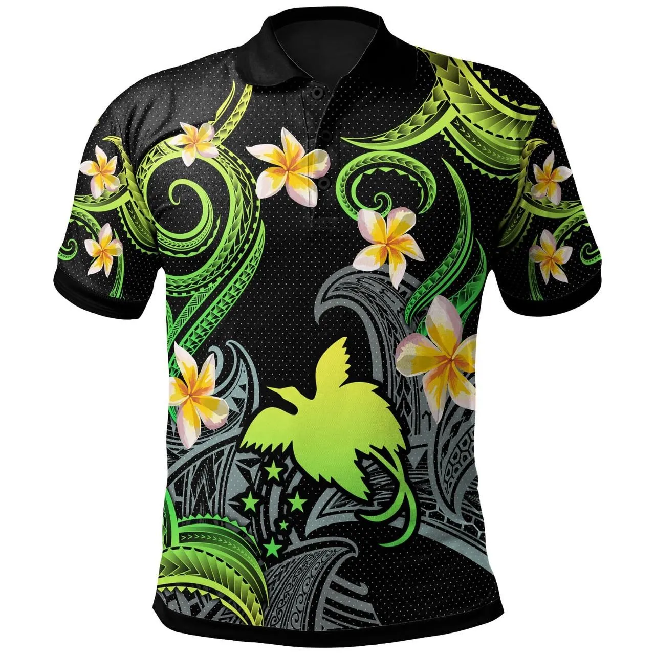 Papua New Guinea Polo Shirt - Custom Personalised Polynesian Waves with Plumeria Flowers (Green)