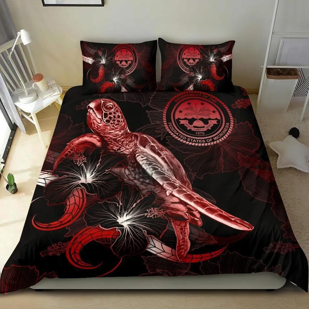Fedarated States of Micronesia Polynesian Bedding Set - Turtle With Blooming Hibiscus Red