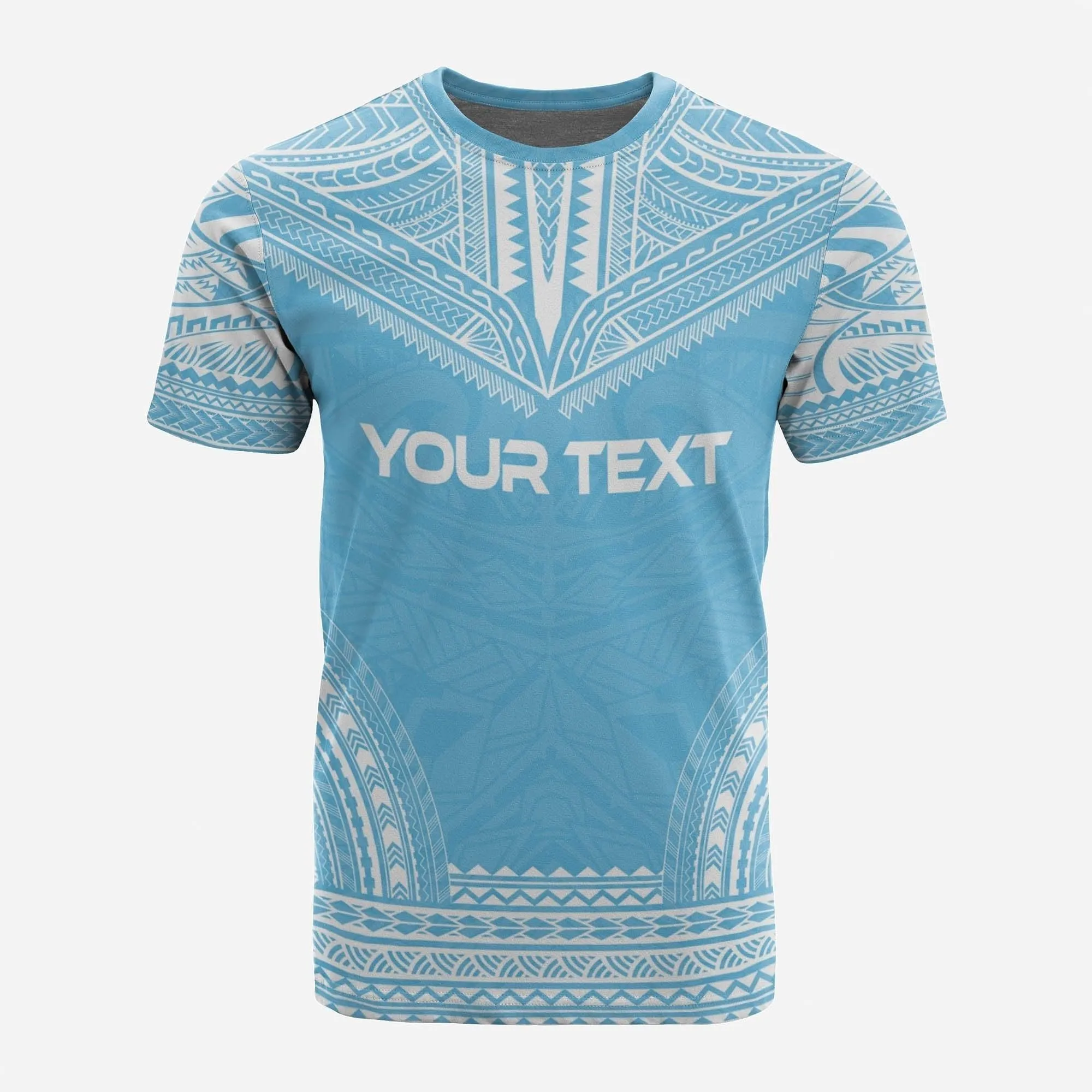 Fiji Custom Personalised T-Shirt - Fiji Coat Of Arms Polynesian Chief Tattoo Light Blue Version