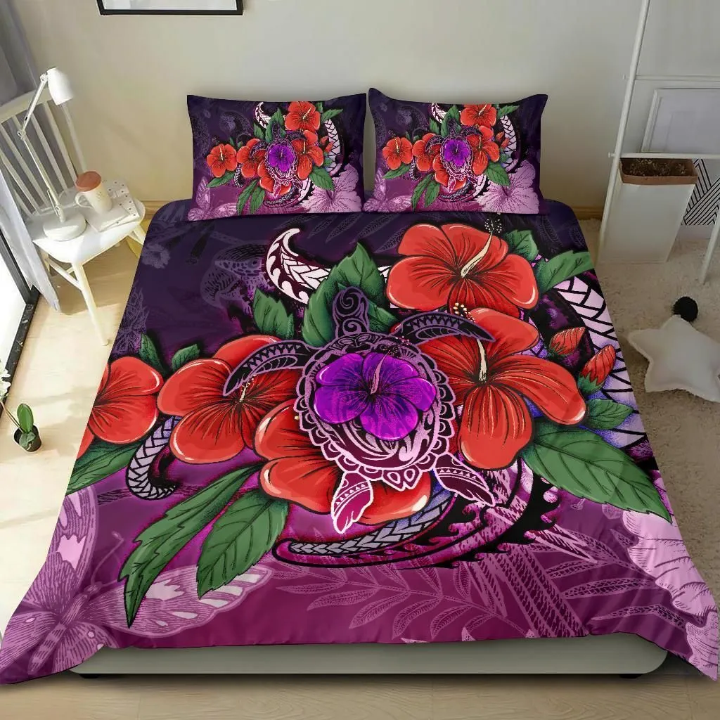 Polynesian Purple Hibiscus Turtle Flowing Bn Bedding Set Camlitf