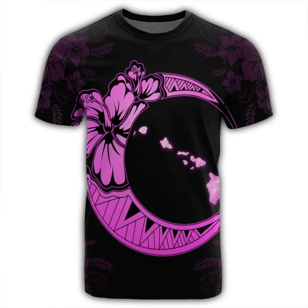 Alohawaii Tee - Hawaiian Map Hibiscus Turtle Polynesian Moon T-Shirt Pink - AH - JR