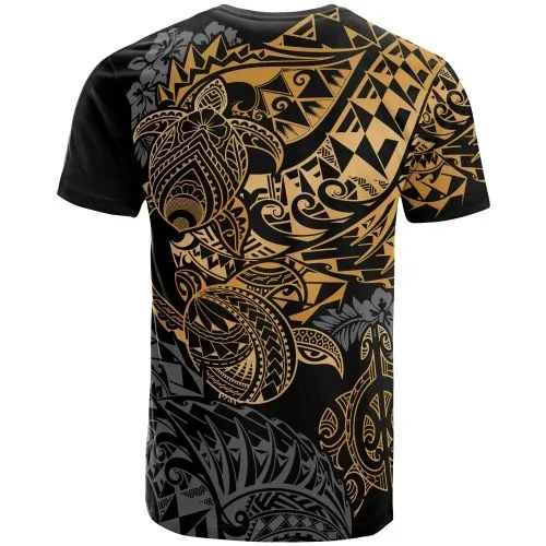 Tahiti Polynesian T-shirt - Gold Turtle Hibiscus Flowing